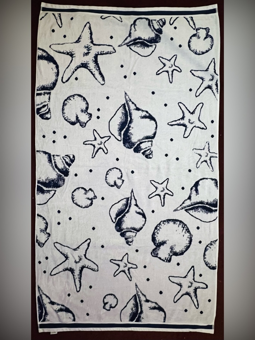 Navy Blue And White Seashells Beach Towel